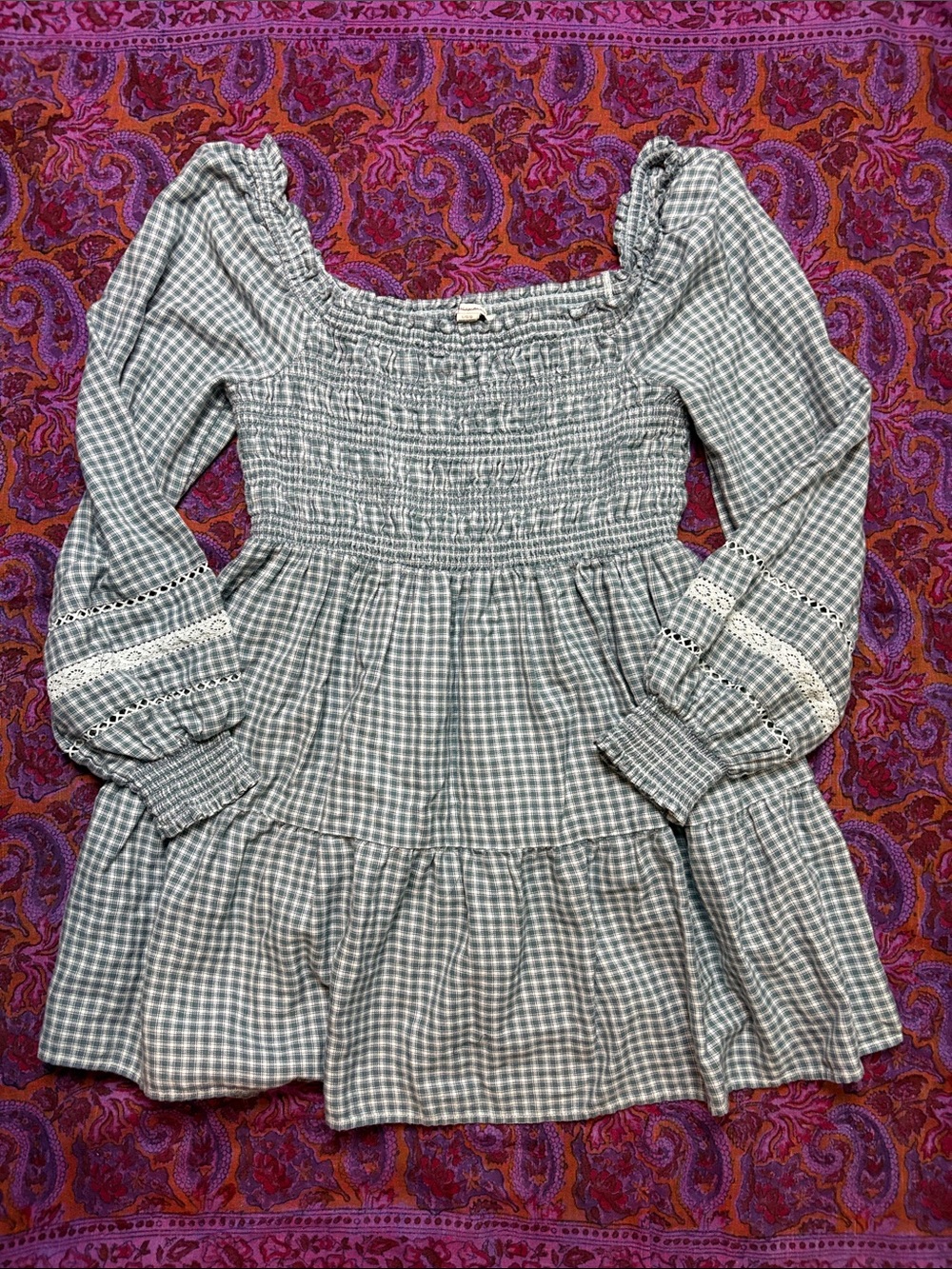 Blue plaid peasant dress